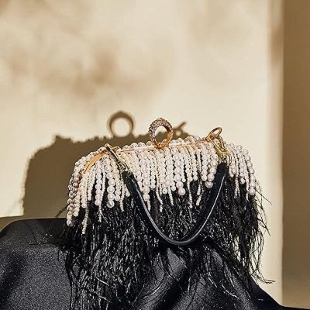 Neiman Marcus Black Ostrich Feather Clutch Bag with Pearls